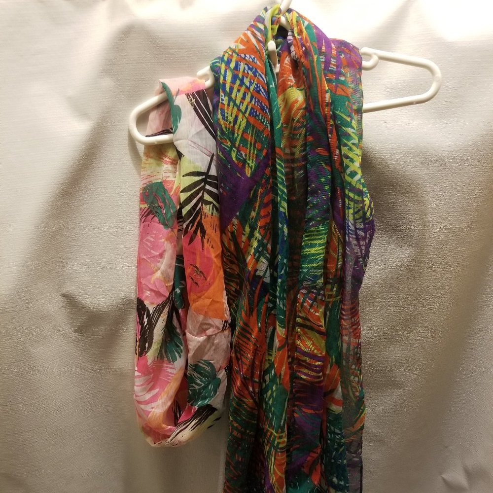 two fun sheer, unbranded tropical leaf pattern scarves